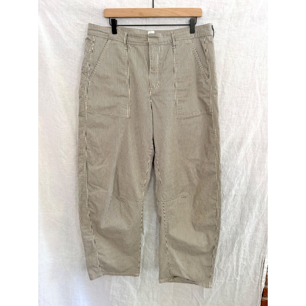 Gap Barrel Pants Women Cream Black Hickory Stripe High Rise Utility 14 Tall